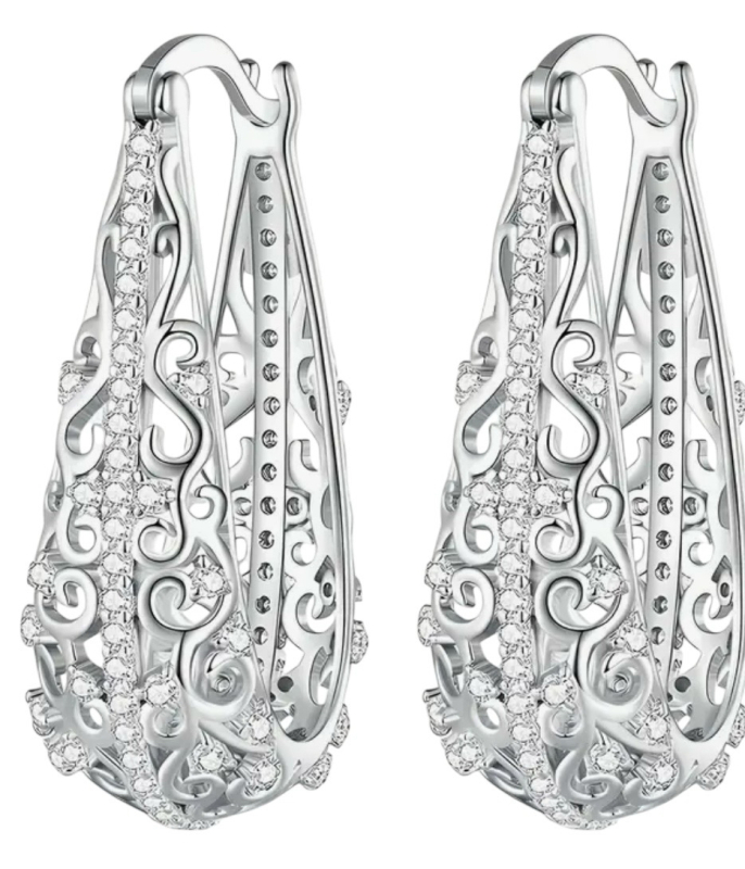 Pair of S925 Silver Hoop Earrings with Inlay Elegant and Classic 1 Inch drop Lever Snap ins