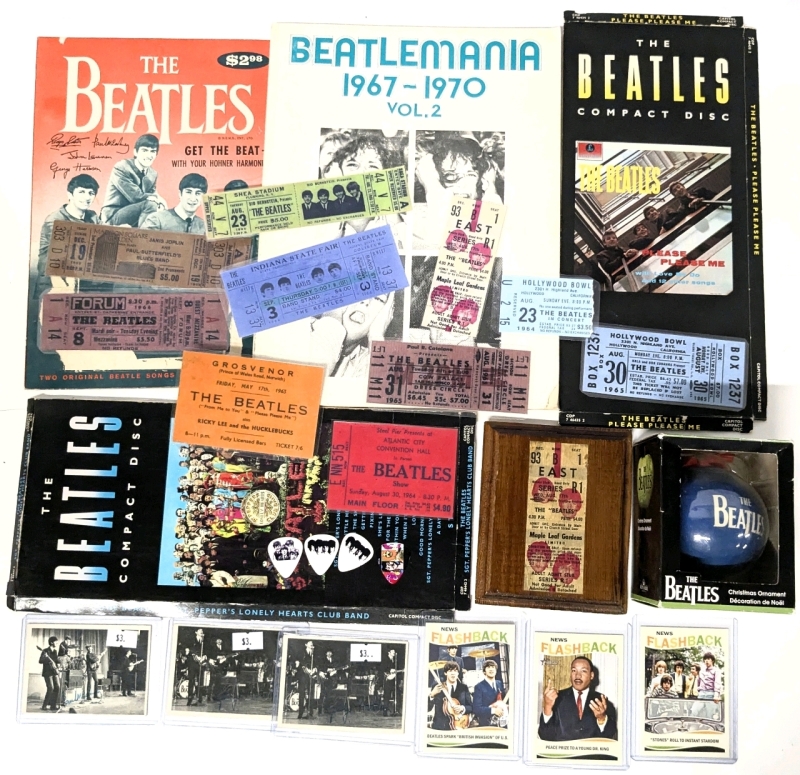 Vintage BEATLES Memorabilia: Guitar Picks, 3&times; 1964 TOPPS Cards. Ornament, Laquered Ticket Plaque, 10&times; Laminated Ticket Reprints, Packaging, Music Book & 3&times; 2013 TOPPS Flashback Cards