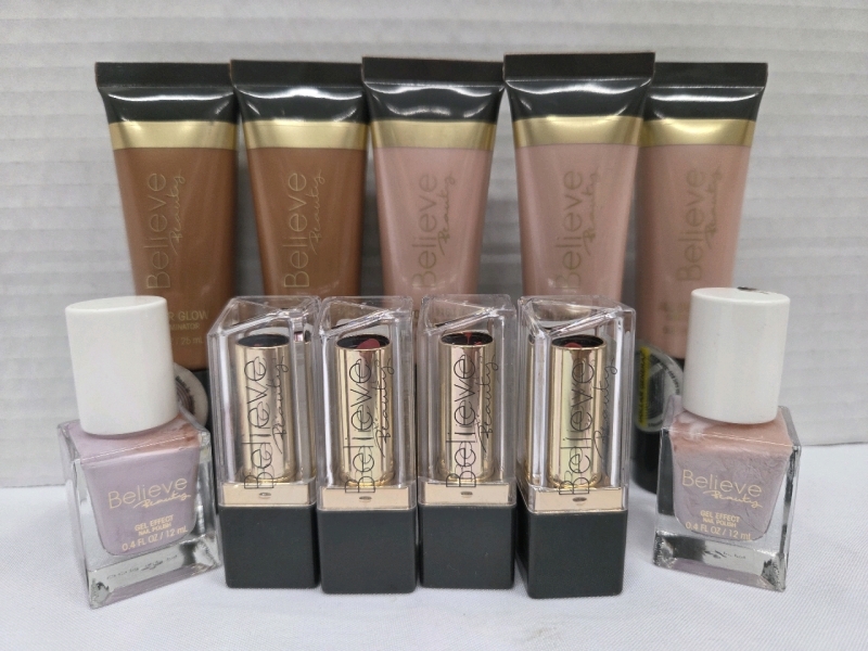 New | Assorted Makeup Lot | Includes (5) 25mL Tubes of All Over Glow, (4) Believe Beauty Lipsticks & (2) 12mL Bottles of Nail Polish