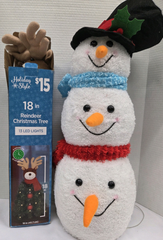2 New & As New | Holiday Decor Lot | Includes 24" Light up Snowman & 18" Reindeer Christmas Tree w/ 13 LED Lights
