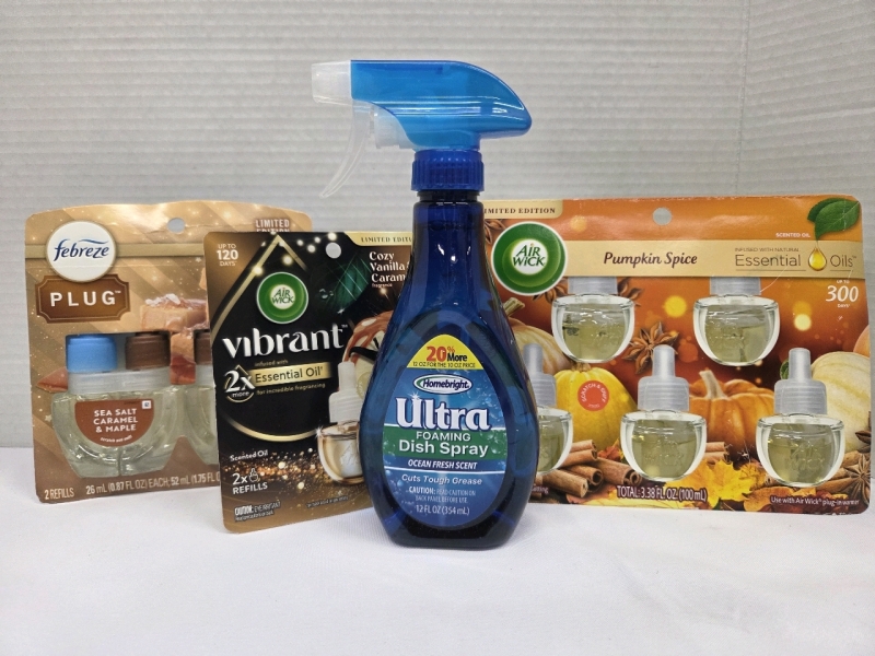 New | House Keeping Lot | Includes Scented Oil Refills by Air wick & Febrese & Homebright Ultra Foaming Dish Spray