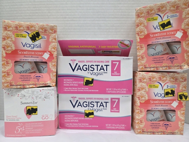 4 New | Women's Health & Self Care Products | (2) 45g Vagistat 7 Day Treatmemts, (1) Packs of 16 Summers Eve Sheer Floral Cleansing Cloths for Sensitive Skin & (3) Vagisil Scentsitive Scents Peach Blossom Cleansing Cloths