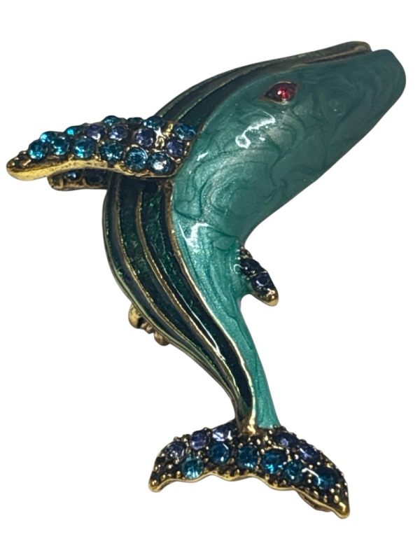 Whale Brooch Blue Enamel Rhinestones with Red Rhinestone Eye Approximately 2 inch Ocean Life Back Bale