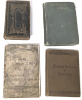 4 Antique 1880s Hardbound Books : Holy Bible (1851), A Bundle of Letters To Busy Girls on Practical Matters (1888), Readings From English History Part II (1881), Seventy Lessons in Spelling (1885)