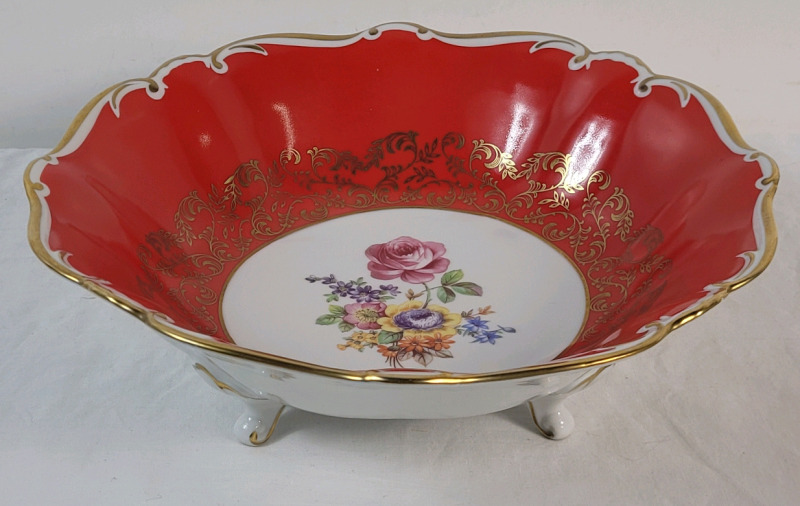 Vintage East German Jlmenau Graf Von Henneberg Floral Gold Trim Porcelain Footed Dish . Measures 10" diameter & 3" tall . No chips or cracks
