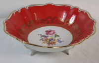 Vintage East German Jlmenau Graf Von Henneberg Floral Gold Trim Porcelain Footed Dish . Measures 10" diameter & 3" tall . No chips or cracks