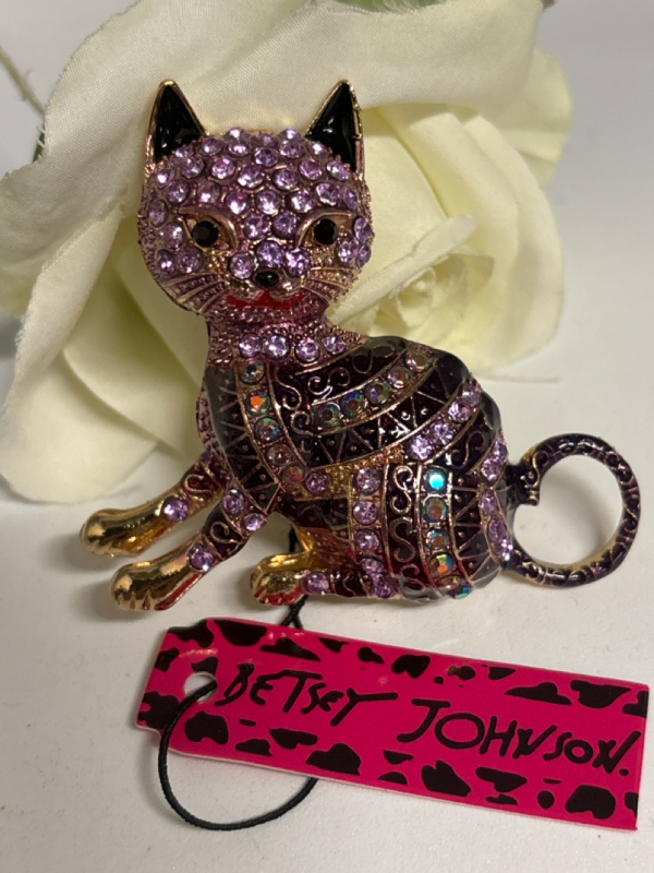 Cat Brooch Enamel with Rhinestones Tagged Betsey Johnson Approximately 2 x 2 Inch