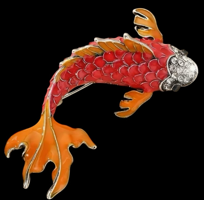 Vibrant Orange and Red Enamel and Rhinestone Statement Koi Brooch Approximately 3 Inch