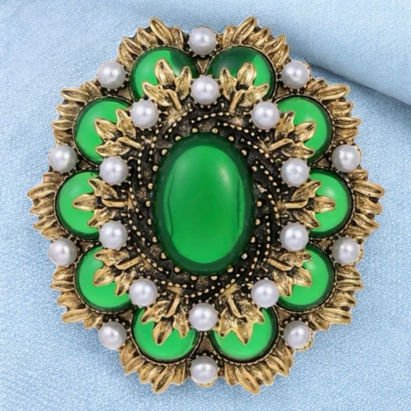 Retro Fabulous Tiered Opaque Green Cab Oval Brooch approximately 2 inch