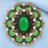 Retro Fabulous Tiered Opaque Green Cab Oval Brooch approximately 2 inch