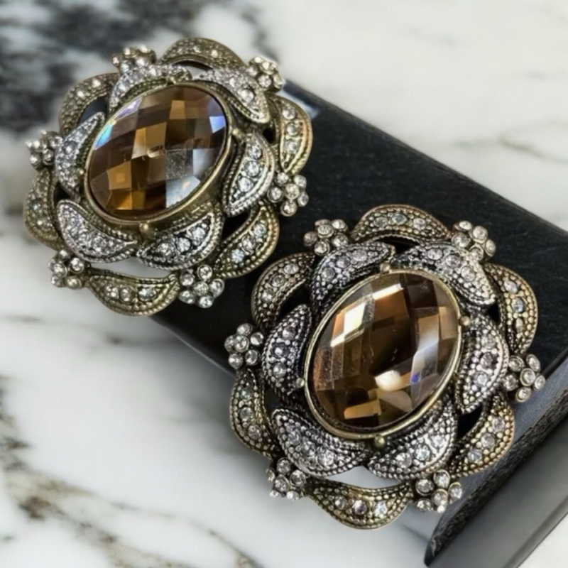 Pair of Vintage 24K gold plated Earrings with Rhinestones Post back Pierced Approximately 1.5 inch oval Tiered