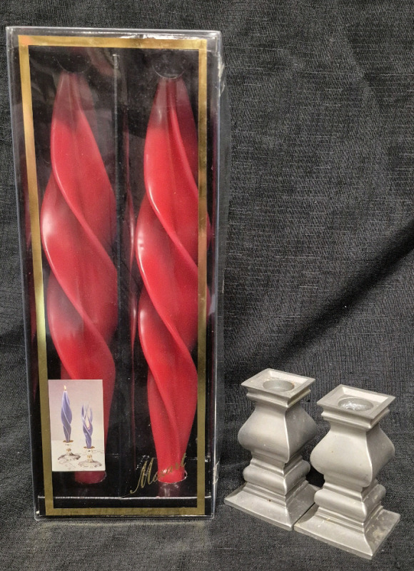 Vintage Pewter Candle Holders and 12" Tall Handmade Mozart Candles
