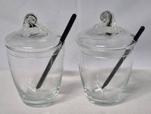 2 Belfor Style Czechoslovakian Black Core Crystal Condiment Jars with Spoons