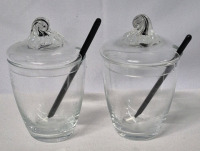 2 Belfor Style Czechoslovakian Black Core Crystal Condiment Jars with Spoons