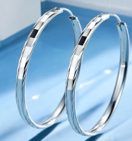 S925 Stamped Large 1.5 Inch Hoop Earrings Round Sparkling Geometric Faceted Lightweight Slide in Clasp