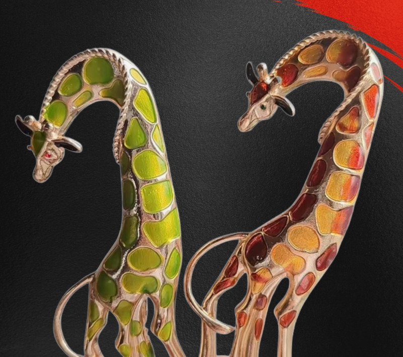 Two Adorable Enamel Girraffe Brooches Rhinestone Eyes Approximately 2.75 x .75 Inch