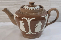 Vintage Dudson Brothers Hanley Jasperware Teapot w/Brown Body and White Relief . Signed on Bottom