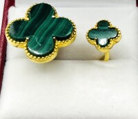NEW Sterling Silver Natural Malachite (4.50ct) Double Clover Motif Ring, Size 8.75, W/A $440.00 (with appraisal)