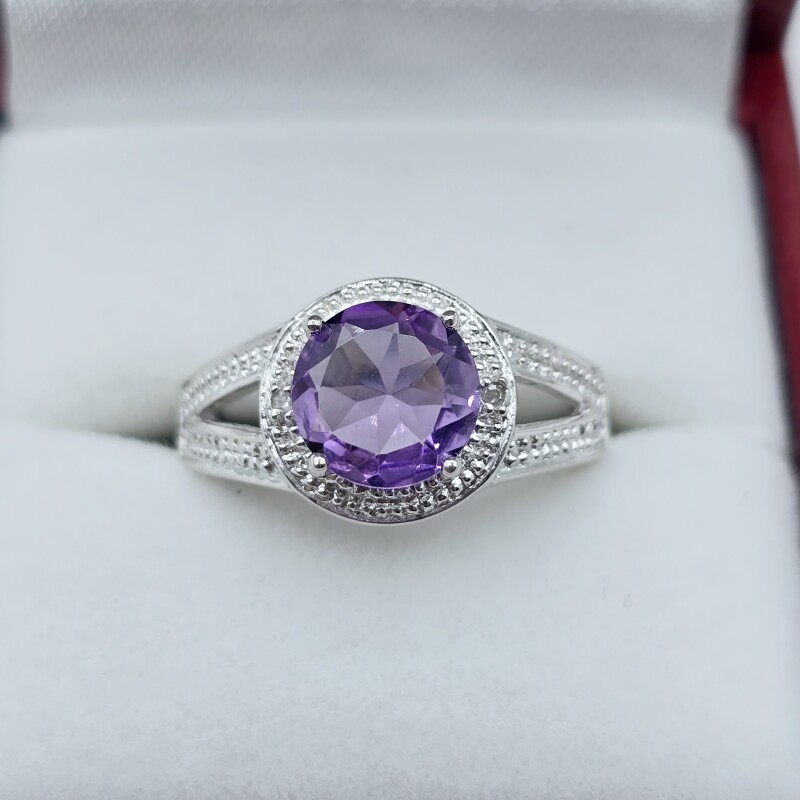 NEW Sterling Silver Natural Amethyst (2ct) with Diamond (0.01ct) Ring, Size 7, with appraisal $625.00. Amethyst is the birthstone for February.