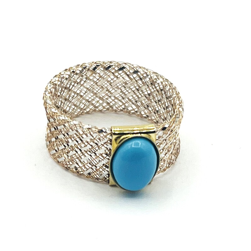 NEW 9K Yellow, White and Rose Gold Natural Turquoise Mesh Style Ring, W/A $850.00 (with appraisal)