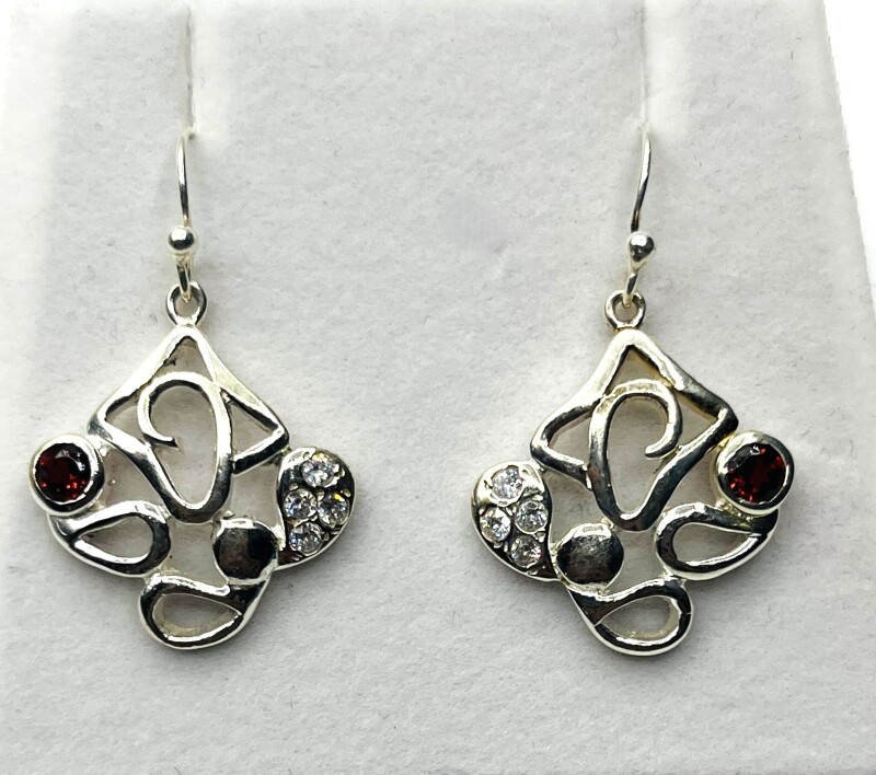 NEW Sterling Silver Natural Garnet with CZ Dangling Earrings, Retail $300.00. Garnet is the birthtone for January.