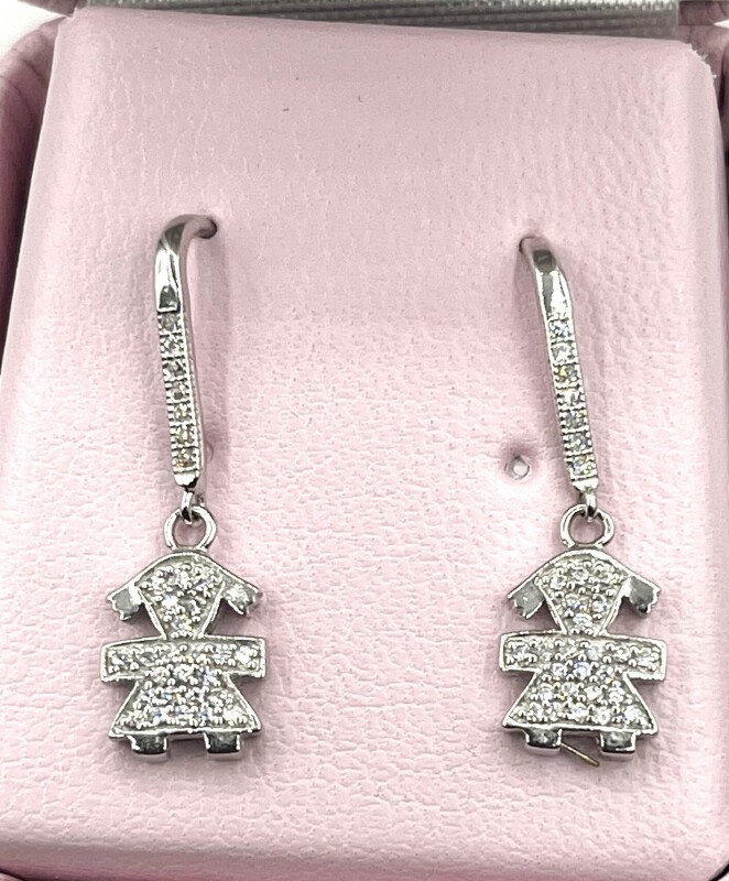 NEW Sterling Silver CZ Girl Fingurine Dangling Earring, Retail $200.00.