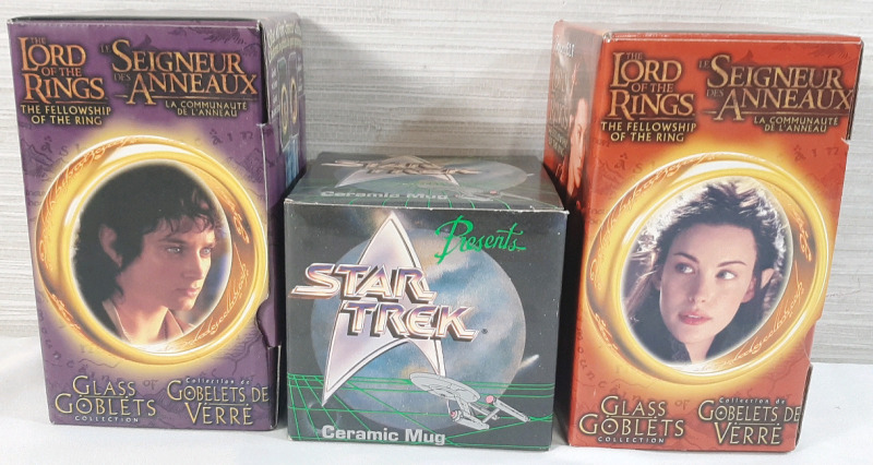 3 Vintage Collectible Goblets and Mug From The Lord Of The Rings & Star Trek | Includes Two 2001 Burger King Promotional Glass Goblets (Frodo the Hobbit & Arwen The Elf) & 1991 Star Trek Ceramic Mug