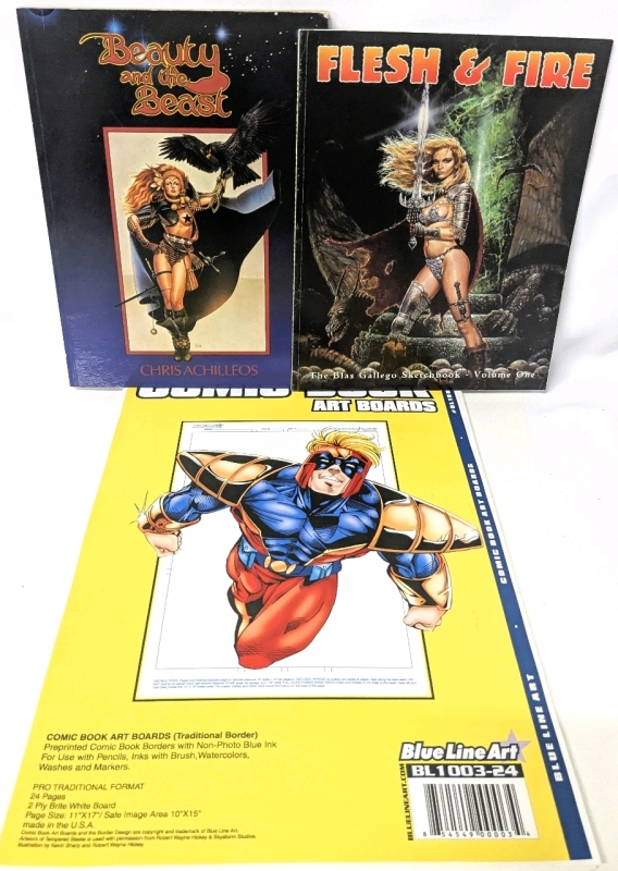 Chris Achilleos : Beauty and the Beast, A Collection of Heroic Fantasy Illustrations, Flesh & Fire : The Blas Gallego Sketchbook - Vol 1 & Blank Blue Line Art Comic Board Art Boards : 11" &times; 17"