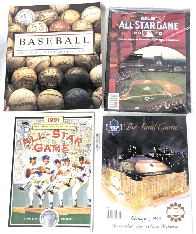Baseball & Hockey! 1994 Baseball: An Illustrated History Softcover Book, 1991 MLB Toronto All-Star Game Program, 2010 All-Star Game Program & 1999 NHL Hockey Limited Edition FINAL GAME Toronto Maple Leafs vs Blackhawks