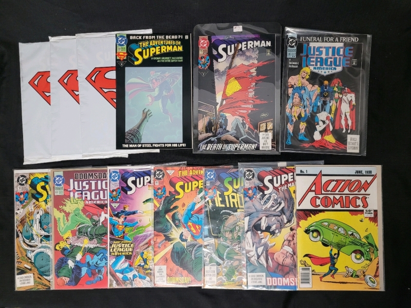 Vintage 1992 - 1993 Death of Superman Story Line Comic Run , 8 Issues . 4 Adventures of Superman Issues (3 Sealed) & 1988 Reprint Action Comics #1