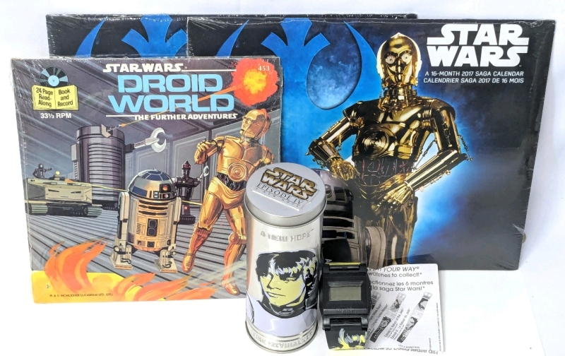 Vintage 1983 to 2017 STAR WARS | 1983 Sealed Droid World : The Further Adventures 24 Page Book & 33⅓ RPM Record, As-New 2005 A New Hope Reversible Digital Watch with Tin & 2&times; Sealed 2017 Calendars