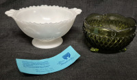 Vintage Milk Glass Candy Dish & Green Glass Footed Bowl