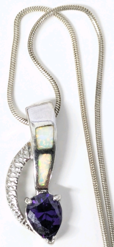 Gorgeous Sterling Silver 925 Pendant with Large Faceted Prong-Set Purple Stone & Opal Panels (1.2" Long) on 16" Long Signed M01 Italy 925 Chain