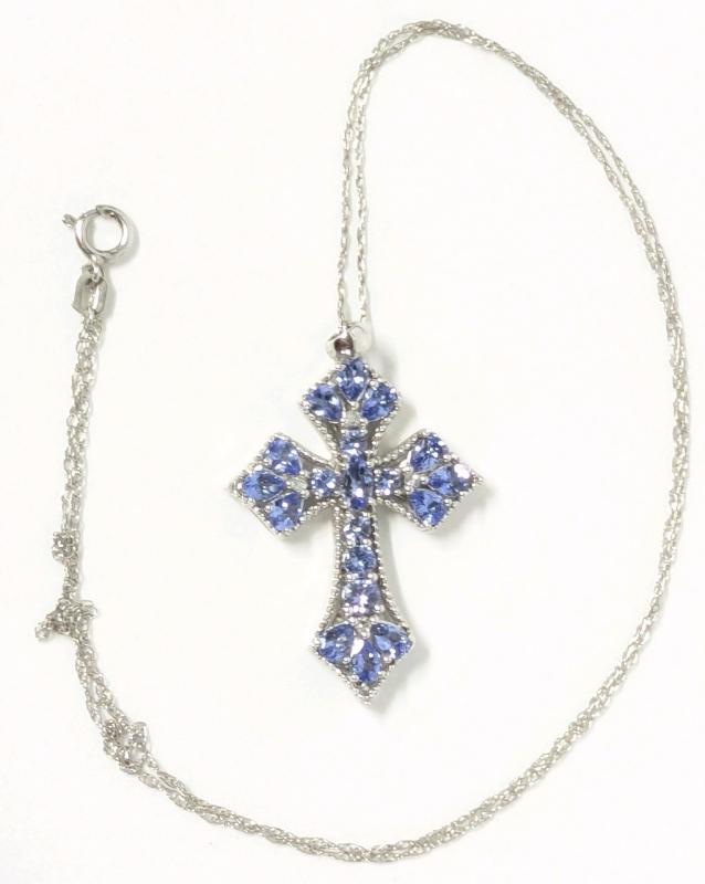 Gorgeous Bright Sterling Silver 925 Cross With Light Blue Prong-Set Stones on 1" Sterling Chain (Knot in One Side)