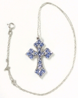 Gorgeous Bright Sterling Silver 925 Cross With Light Blue Prong-Set Stones on 1" Sterling Chain (Knot in One Side)