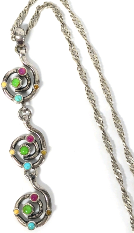 Vintage 925 Sterling Silver Multi-Color Stone Swirl Pendant (3" Long) on 19.5" Twisted Singapore Sterling 925 Chain