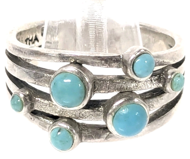 Size 7 Signed BARSE Thailand Bezel-Set Scattered Turquoise Sterling Silver Stamped 925 Ring