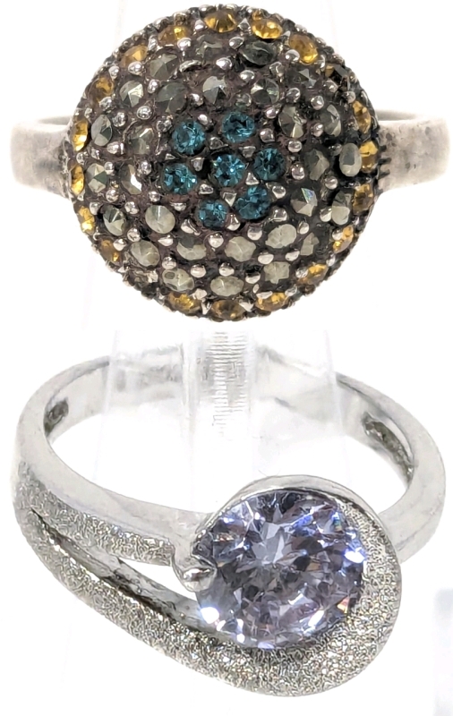 2 Size 8 Sterling Silver 925 Rings : Vintage Cluster Ring Missing 1 Stone & Bright Signed QSE Lavender Cubic Zirconia Swirled Diamond Dust Band
