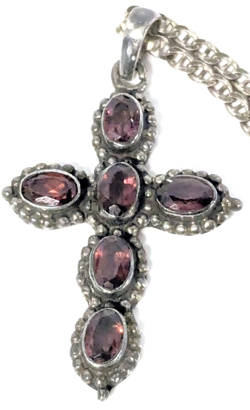 Gorgeous Silver 925 Cross Pendant With Bezel-Set Faceted Red Stones (1.75" Long) on 30" Long Signed T08 Sterling 925 Italy Anchor Chain