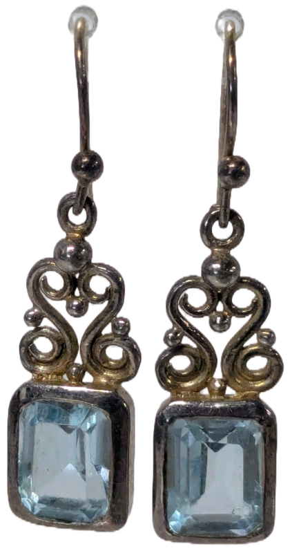 Elegant Sterling Silver Stamped 925 Dangle Earrings With Bezel-Set Blue Topaz-Colored Stones - 1.5" Long