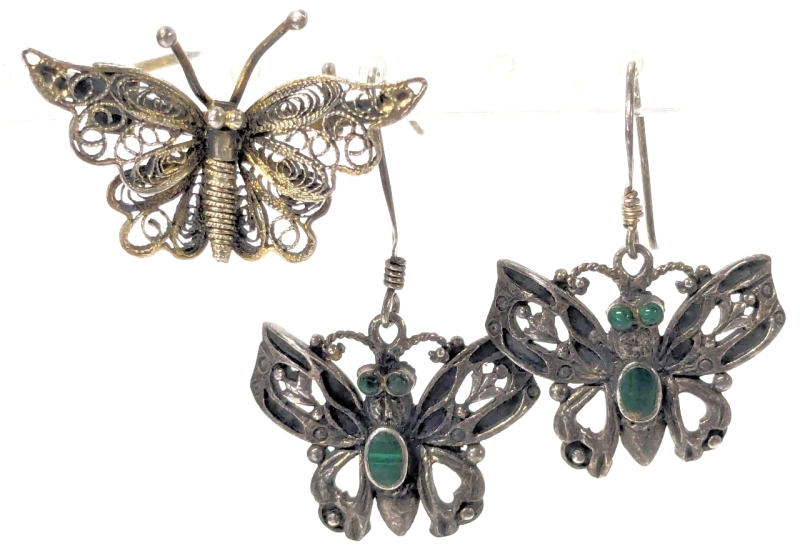 Vintage Sterling Filigree Wire Butterfly Brooch (1.15" Across) & 925 Sterling + Bezel-Set Green Malachite Butterfly Earrings