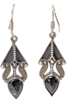 Gorgeous Sterling Silver Stamped 925 Dangle Earrings With Bezel Inset Dark Garnet-Colored Stone - 1.75" Long