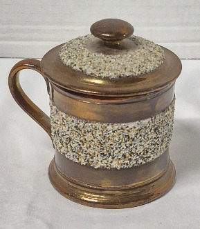 Vintage Rare Copper Luster Cup Mug with Lid - Blue Sand Texture Pink Luster Band Inside - 3.5" Tall with Lid