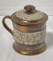 Vintage Rare Copper Luster Cup Mug with Lid - Blue Sand Texture Pink Luster Band Inside - 3.5" Tall with Lid