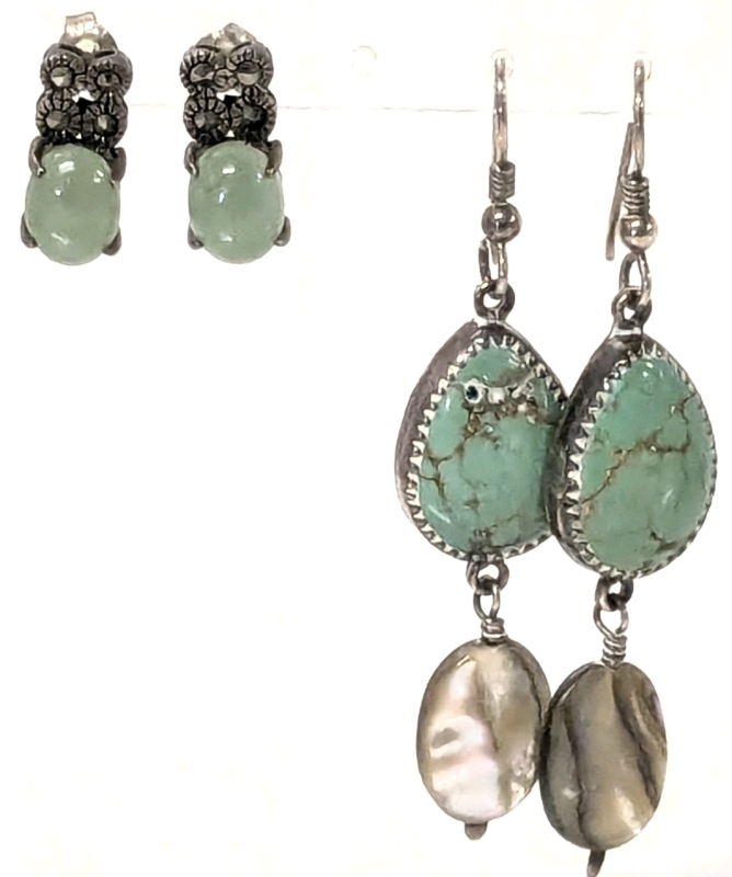 Vintage Presumed Navajo Sterling Gold Vein Dogtooth Setting Turquoise + Mother of Pearl Dangle Earrings & Signed HAN 925 Sterling Prong-Set Green Stone + Marcasite Stud Earrings
