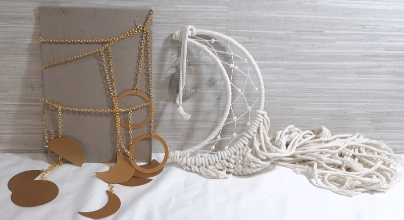 2 New Hanging Moon Decorations | Includes Copper Moon Phase Decoration & Yarn Crescent Moon Decoration