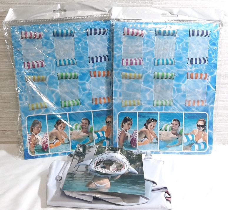 3 New Pool Floats | 2 Striped Mesh Pool Floats & Inflatable Shark Head