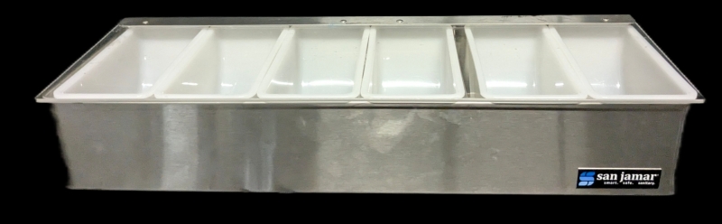 San Jamar Garnish Tray with 6 Plastic Containers & Hinged Lid for Kitchen, Bar, And Restaurants, Stainless Steel, 18.5" &times; 6.5" &times; 4"