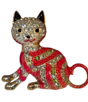 Darling Cat Brooch Betsey Johnson Enamel Rhinestones Vibrant Gouache Orange with Tag Approximately 2 x 2.5 inch