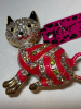Darling Cat Brooch Betsey Johnson Enamel Rhinestones Vibrant Gouache Orange with Tag Approximately 2 x 2.5 inch - 2